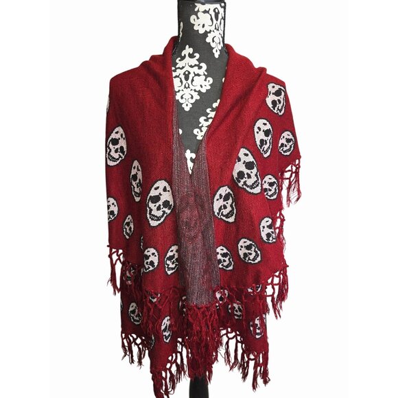 Raj Sweaters - Burgundy Maroon Red & Black Skull Poncho Shawl With Fringe OS Whimsigoth